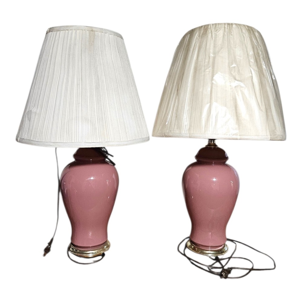 Vintage 1980s Dusty Pink Ceramic Table Lamps Pair Postmodern Ginger Jar Lamp